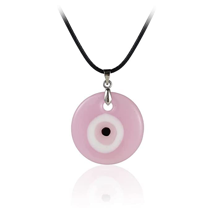 El Regalo 1 PC Big Pink Evil Eye Pendant Necklace for Girls & Women - Turkish Evil Eye Big Leather Rope Necklace (Round Evil Eye)