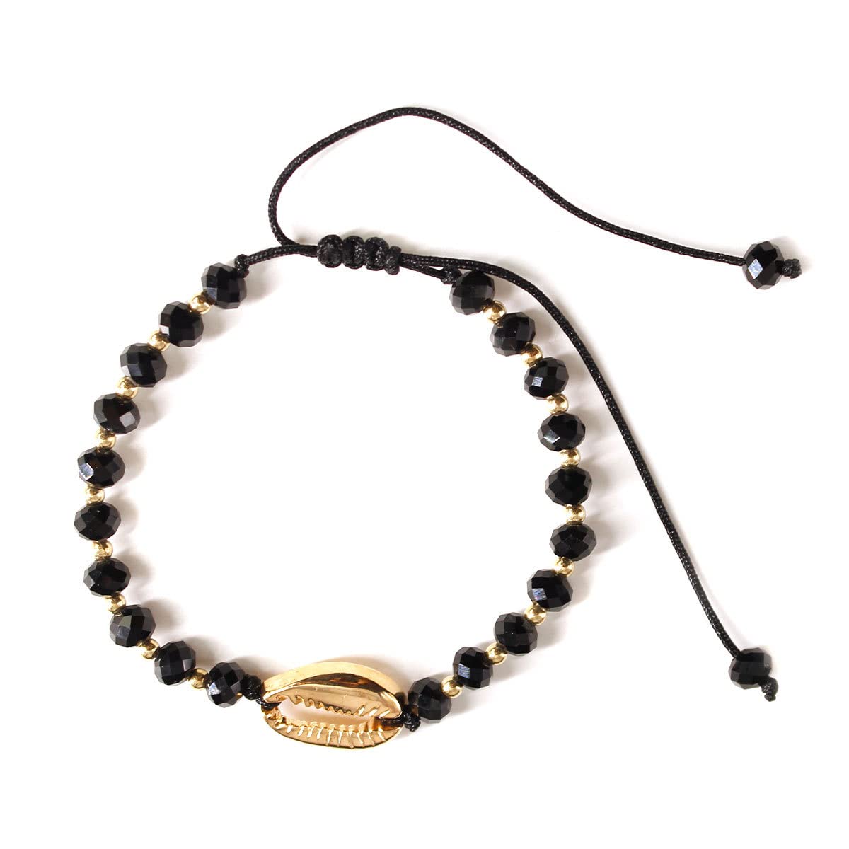 El Regalo Black Beads Golden Shell Handwoven Macrame Adjustable Anklet cum Bracelet for Girls and Women