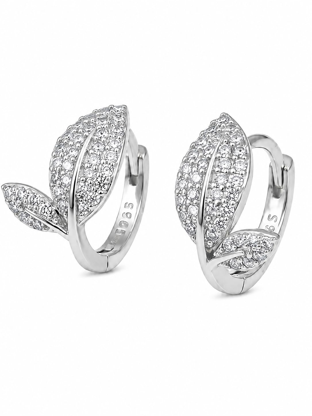 El Regalo Dainty CZ Crystal Leaf Huggie Hoop Earrings for Women & Girls - Cute & Sparkling American Diamond Marquise Leaf Bali Earrings (Silver)