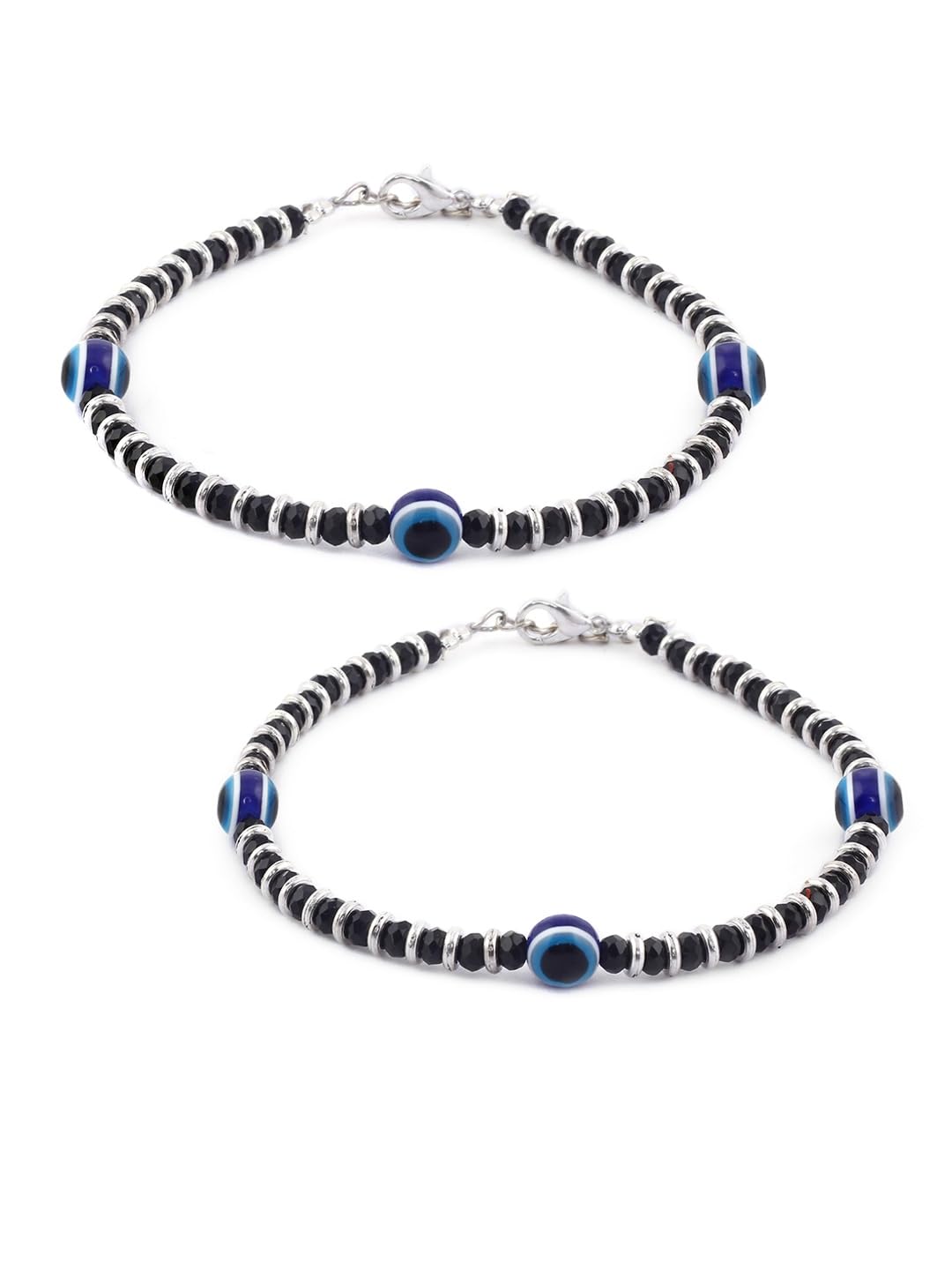 El Regalo Womens Set of 2 German Silver Blue & Black Evil Eye Beaded Anklets