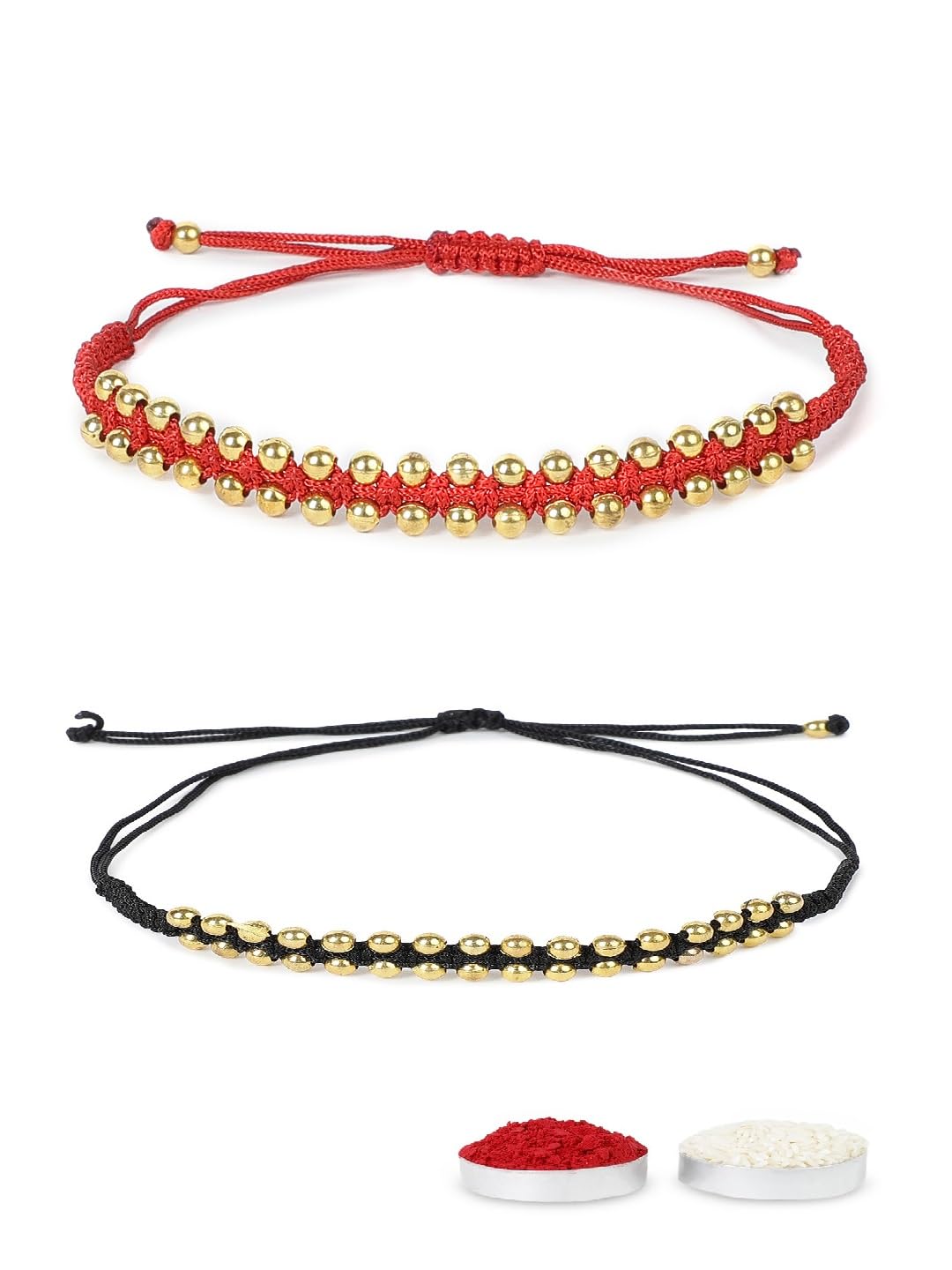 El Regalo Unisex Adult 2PCs Simple, Minimalist Beaded Bracelet Rakhi for Brothers/Bhai- Bhabhi with Roli-Chawal, Rakhi Card in Rakhi Gift Box (Red & Black Golden)