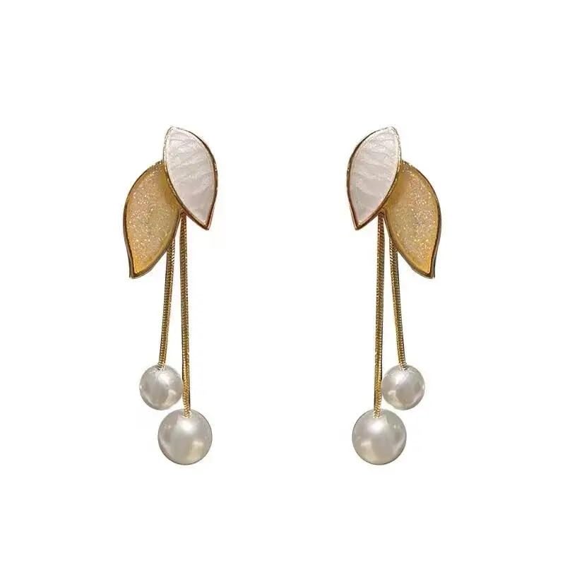 El Regalo Leaf Pearl Tassel Contemporary Drop Earrings For Girls & Women- Gold Tone Leaf Pearl Dangler Earrings (Golden)
