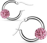 El Regalo Stainless Steel Hoop Earrings with Crystal Balls- Colored Crystal Ball 316L Surgical Steel Hoop Earrings- Crystal Baali for Girls & Women (Pink)