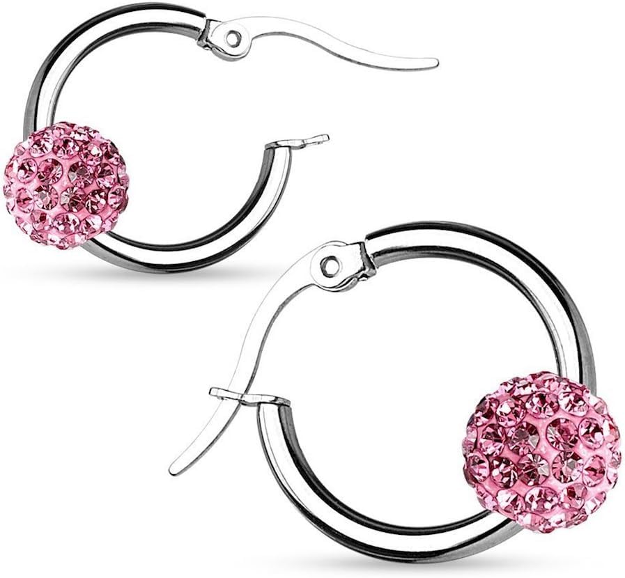 El Regalo Stainless Steel Hoop Earrings with Crystal Balls- Colored Crystal Ball 316L Surgical Steel Hoop Earrings- Crystal Baali for Girls & Women (Pink)