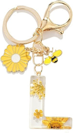 El Regalo Personalized Name Initials Natural Flowers & Bee Charm Keychain - Custom Letter Keyring with Daisy Flower & Honey Bee Pendant, Purse, Bag, Backpack Accessory (Letter L)