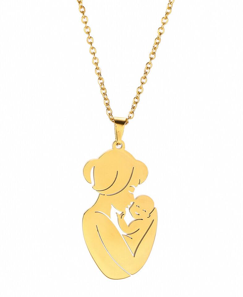 El Regalo Cute Stainless Steel Mother-Baby Pendant Necklace for Women/New Moms- Anti Tarnish Mothers Day Gift/Baby Shower Gift (Gold)