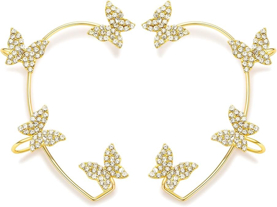 El Regalo 1 Pair CZ Butterfly Cuff Earrings for Non Pierced Ears- No Piercing Zircon Butterfly Wrap Crawler Ear Cuff Earrings For Women & Girls (Gold)
