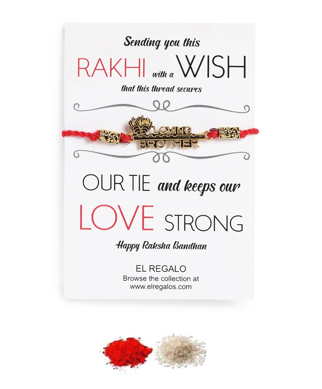 El Regalo Loving Brother Peacock Feather Thread Rakhi for Bhai/Bhaiya- Krishna Feather Red Thread Rakhi with Roli Chawal Shagun Pack, Rakhi Message Card in Rakhi Gift Box