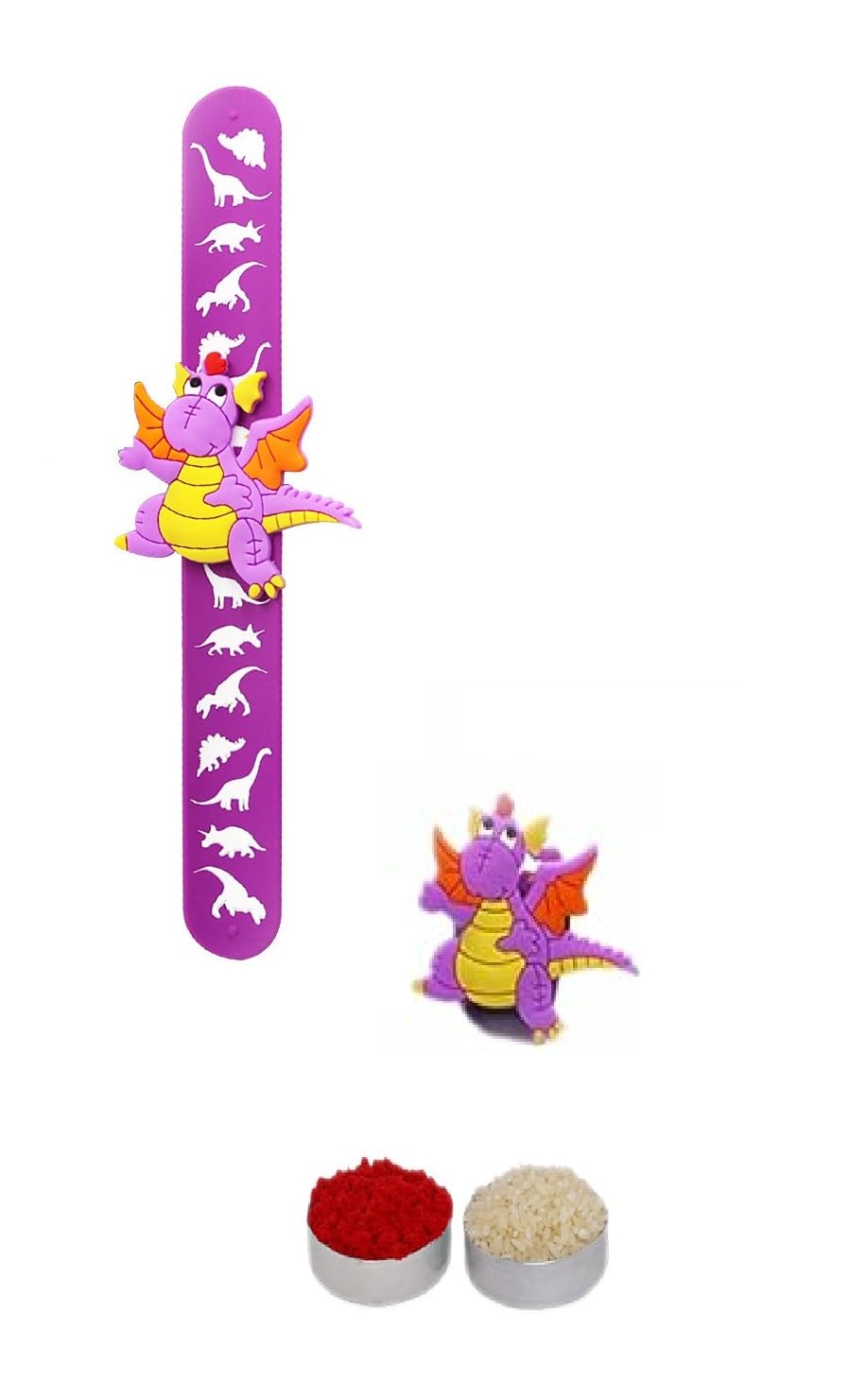 El Regalo 1PC Cute Kids Slap Band Rakhi for Little Brother or Sister- Colorful Dinosaur Fun Kids Rakhi with Roli Chawal in Rakhi Gift Box for Brother/Niece or Nephew (Purple Dinosaur Slap Band Rakhi)