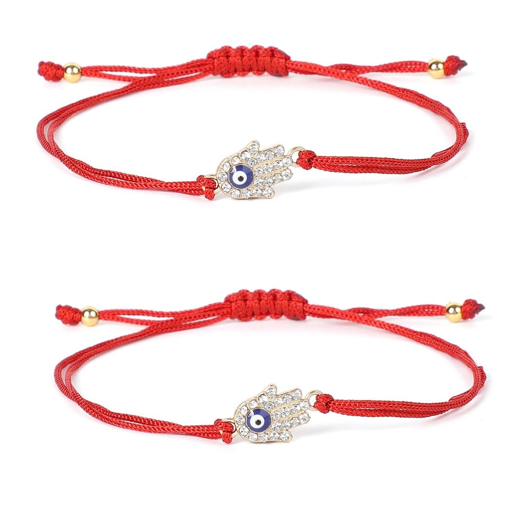 El Regalo 2PCs Unisex Evil Eye Adjustable Bracelet/Cum Anklet Set- Fancy Nazar Bracelet with CZ Crystal Butterfly & Hamsa Hand Charms (Can be worn as anklets by Girls & Women) (Red Hamsa Hand)