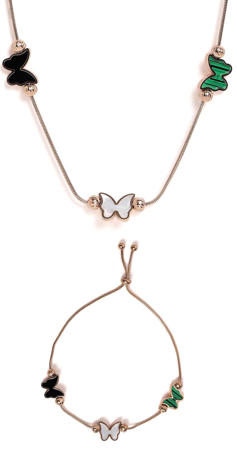 El Regalo 18K Gold Waterproof Vintage Enamel Butterflies Chain Necklace & Bracelet Set- Stainless Steel NO RUST/ANTI TARNISH Butterfly Jewelry Combo Set for Girls & Women
