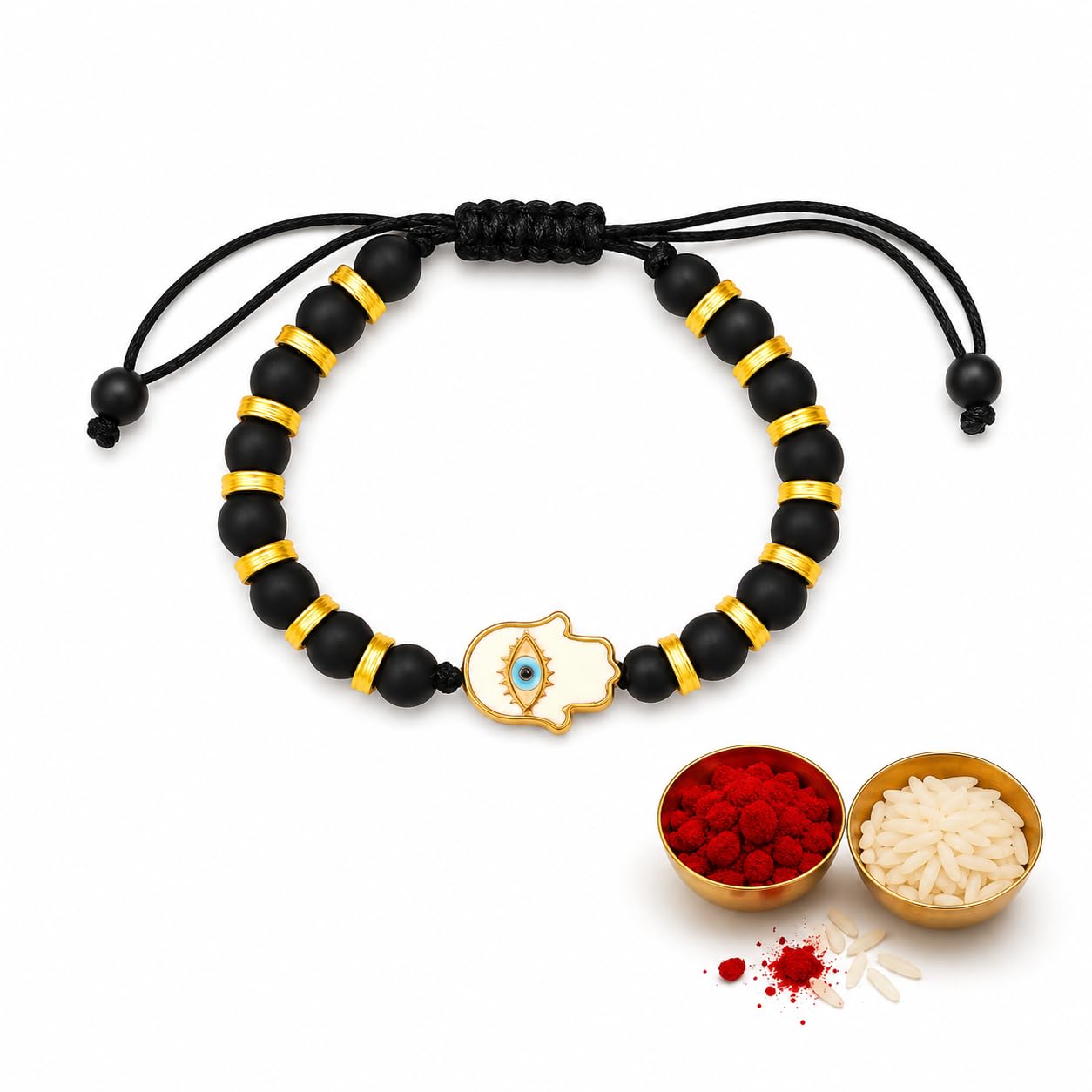 El Regalo Elegant Evil Eye/Hamsa Hand Rakhi for Brother- Beautiful Bracelet Rakhi for Bhai with Roli Chanwal, Message Card in Rakshabandhan Box (Hamsa Hand)