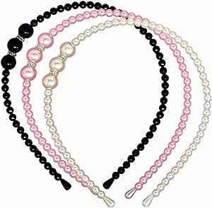 El Regalo 3 PCs Pearls Rehinestones Party Hairbands/Headbands for Girls- Pink, Black & White Pearl Beads Hairbands- Wedding Hair Accessories for Kids, Girls & Women