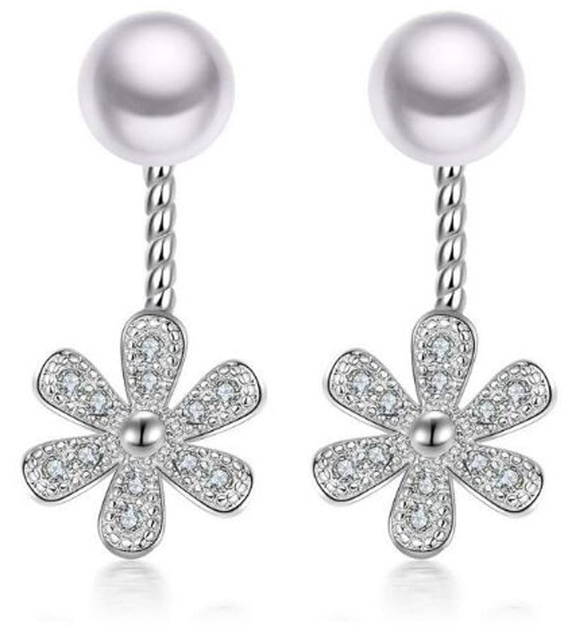 El Regalo Tiny Front Back Flower Pearl Earrings for Women | Premium Silver Plated CZ Studded Cute Jacket Earrings | 2-in-1 Versatile Minimalist Korean Style Earrings