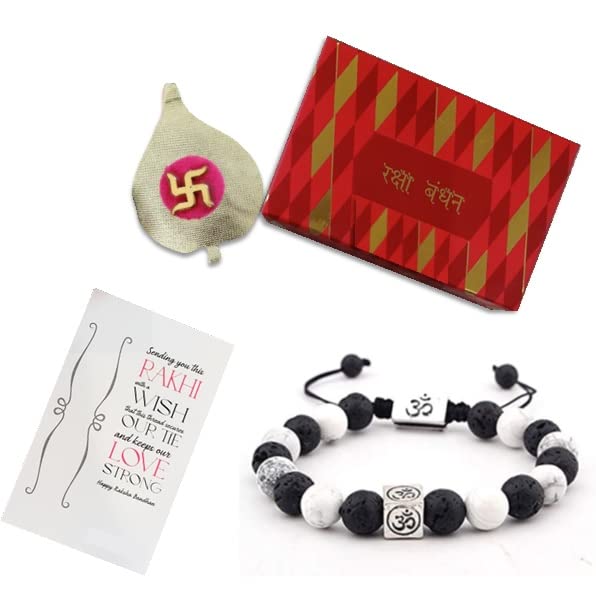 El Regalo OM Howlite Beads Rakhi for Brother Healing Yoga Beads Bracelets Rakhi with shagun, Rakhi Card in Gift Box (Black & White OM Rakhi)
