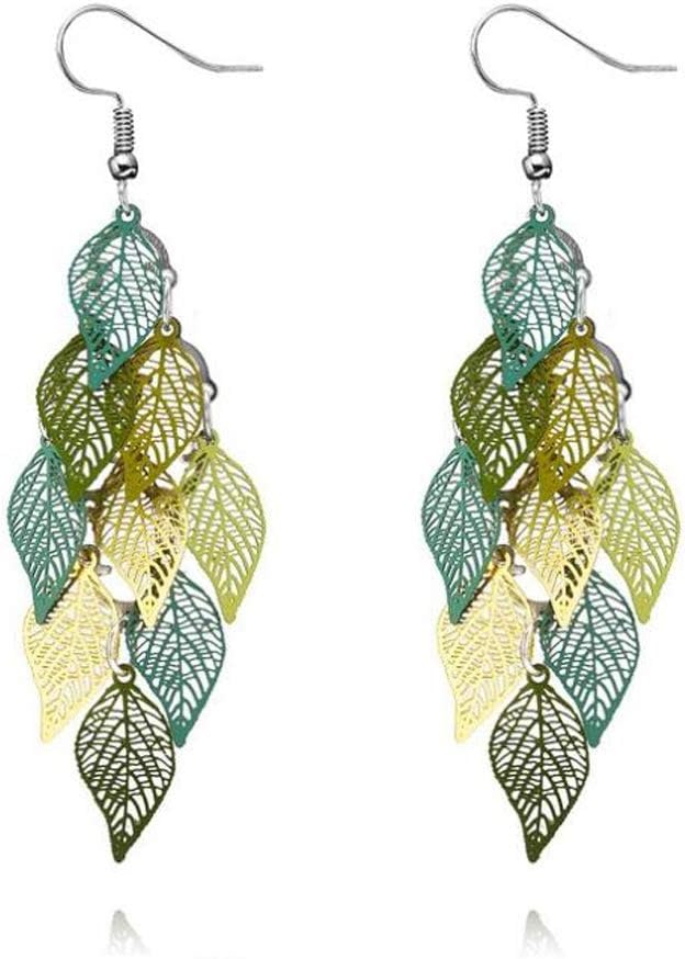 El Regalo 1 Pair Pretty Leaves Bunch Chandelier Earrings for Girls & Women- Boho Lightweight Hollow Filigree Leaves Drop Earrings (Green Yellow Shades)