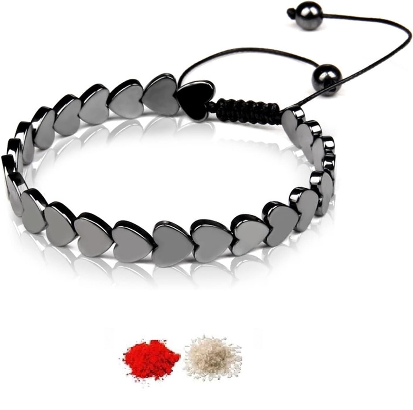 El Regalo Hematite Fine Beads Bracelet Rakhi for Brother- Polished Hematite Therapeutic Energy Healing Beads Rakhi with Roli Chawal, Message Card in Rakhi Gift Box for Bhai (Hearts)