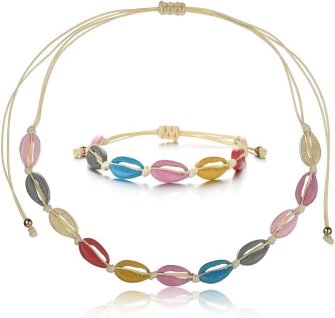 El Regalo 2PCs Colorful Epoxy Shell Necklace & Bracelet Set- Hand Knitted Shell Choker Necklace & Bracelet Beach Jewelry Set for Girls & Women