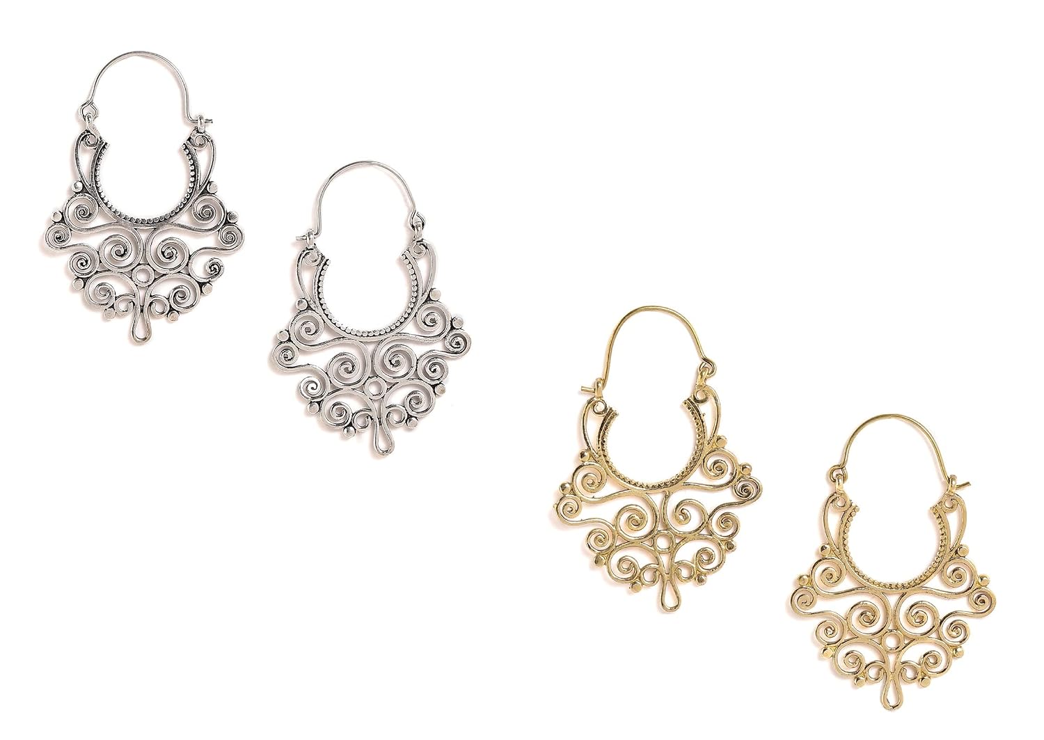 El Regalo 2 Pairs Bohemian Carved Filigree Hoop Earrings Combo for Girls & Women (Option-3)