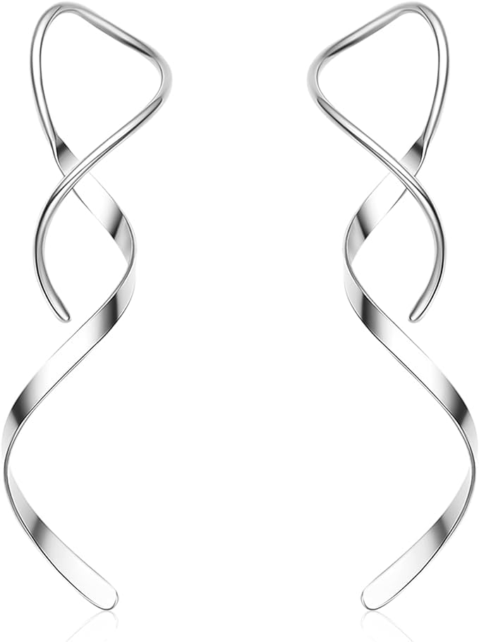 El Regalo Western Spiral Twisted Threader Earrings for Girls & Women- Stainless Steel/Anti-Tarnish Drop Dangle Handmade Twisted Linear Curved Minimal Everyday Earrings (Silver)
