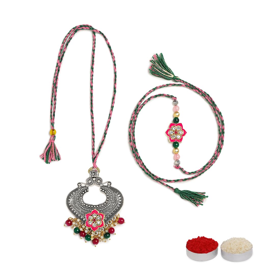 El Regalo Designer Bhaiya- Bhabhi Rakhi Luma/Lumba Set- Kundan, Pearls Rakhi with Roli Chawal in Gift Box- Luma Convertible into Necklace (Option-2)