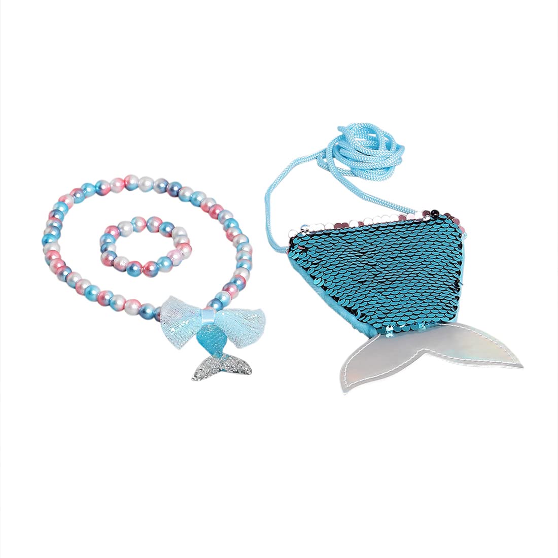 El Regalo 3 PCs Set of Mermaid Princess Girls Kids Necklace & Bracelet with Coin Pouch - Sequins Mermaid Tail Coin Purse Necklace Bracelet Gifts for Girls/Kids/Toddlers (Option-3)