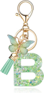El Regalo Personalized Name Initials Butterfly Charm Keychain - Name Letters Keyring with Green Butterfly & Stars Filled Resin & Tassel Pendant, Purse, Bag, Backpack Accessory (Letter B)