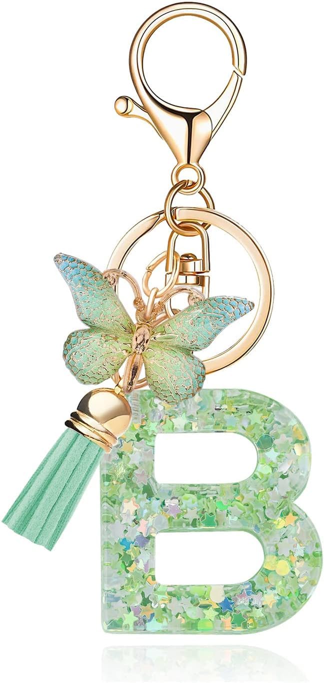 El Regalo Personalized Name Initials Butterfly Charm Keychain - Name Letters Keyring with Green Butterfly & Stars Filled Resin & Tassel Pendant, Purse, Bag, Backpack Accessory (Letter B)