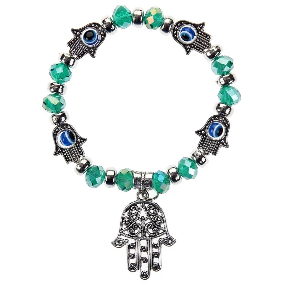 El Regalo 1 PC Evil Eye Crystal Beads Unisex Bracelets For Women Men Girls Boys - Hamsa Hand Fatima Beads Charms Elastic Bracelet Pulsera Jewelry (Green Crystal Evil Eye Bracelet)