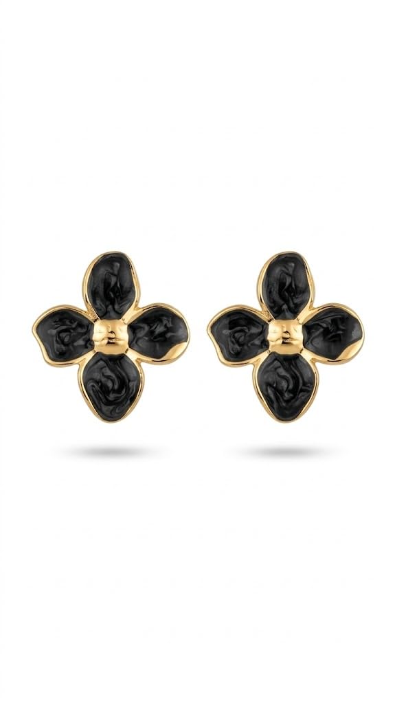 El Regalo Luxurious Oil Drip Flower Stud Earrings for Women & Girls | Stainless Steel Floral Studs | Anti-Tarnish, Skin Friendly Enamel Jewelry | Gift for Her (Floral Collection) (Black- Gold)