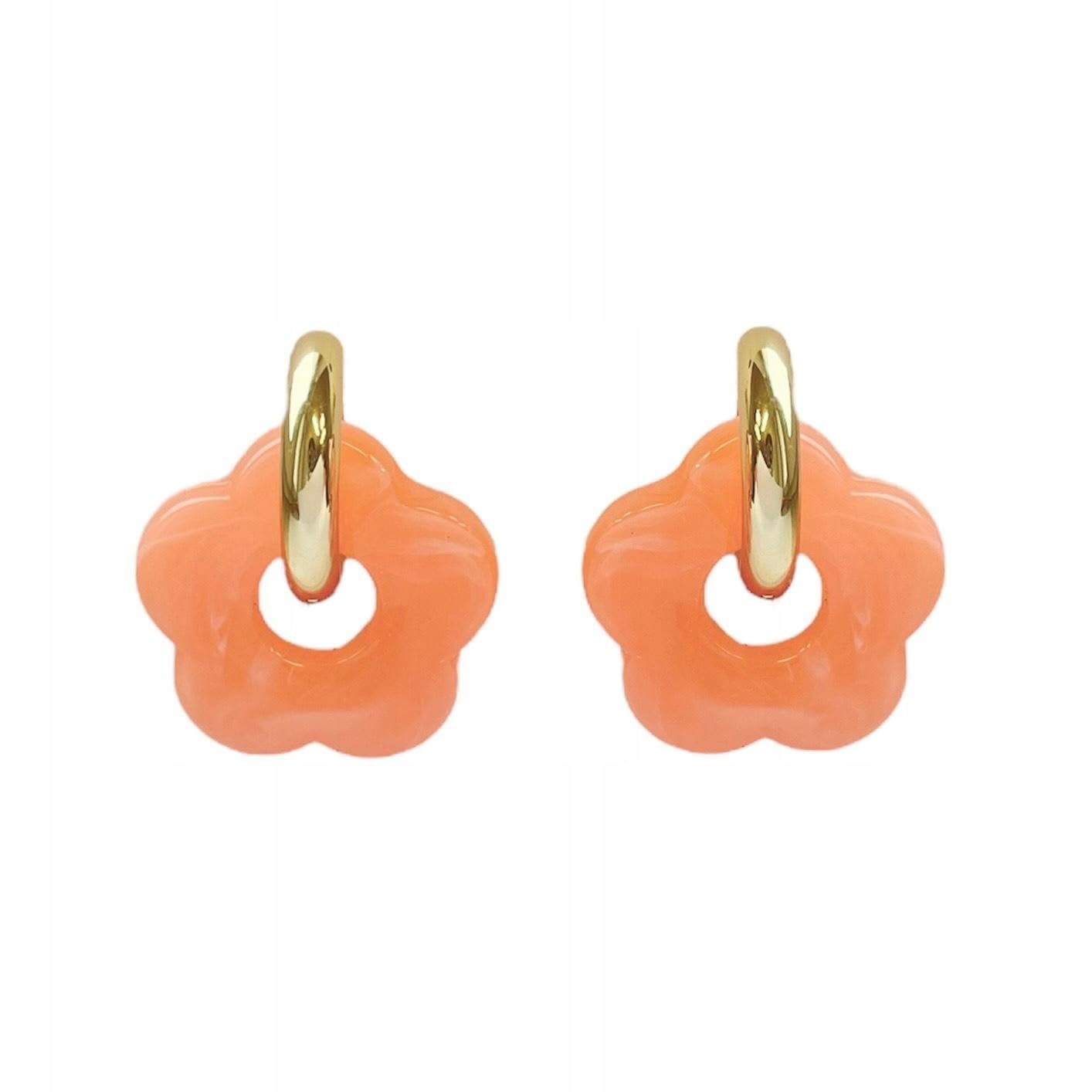 El Regalo Women's & Girl's Vintage Big & Bold Stainless Steel Acrylic Flower Hoop Earrings- Colorful Hollow Marbled Finished Flower Huggie Earrings (Peachy Pink)