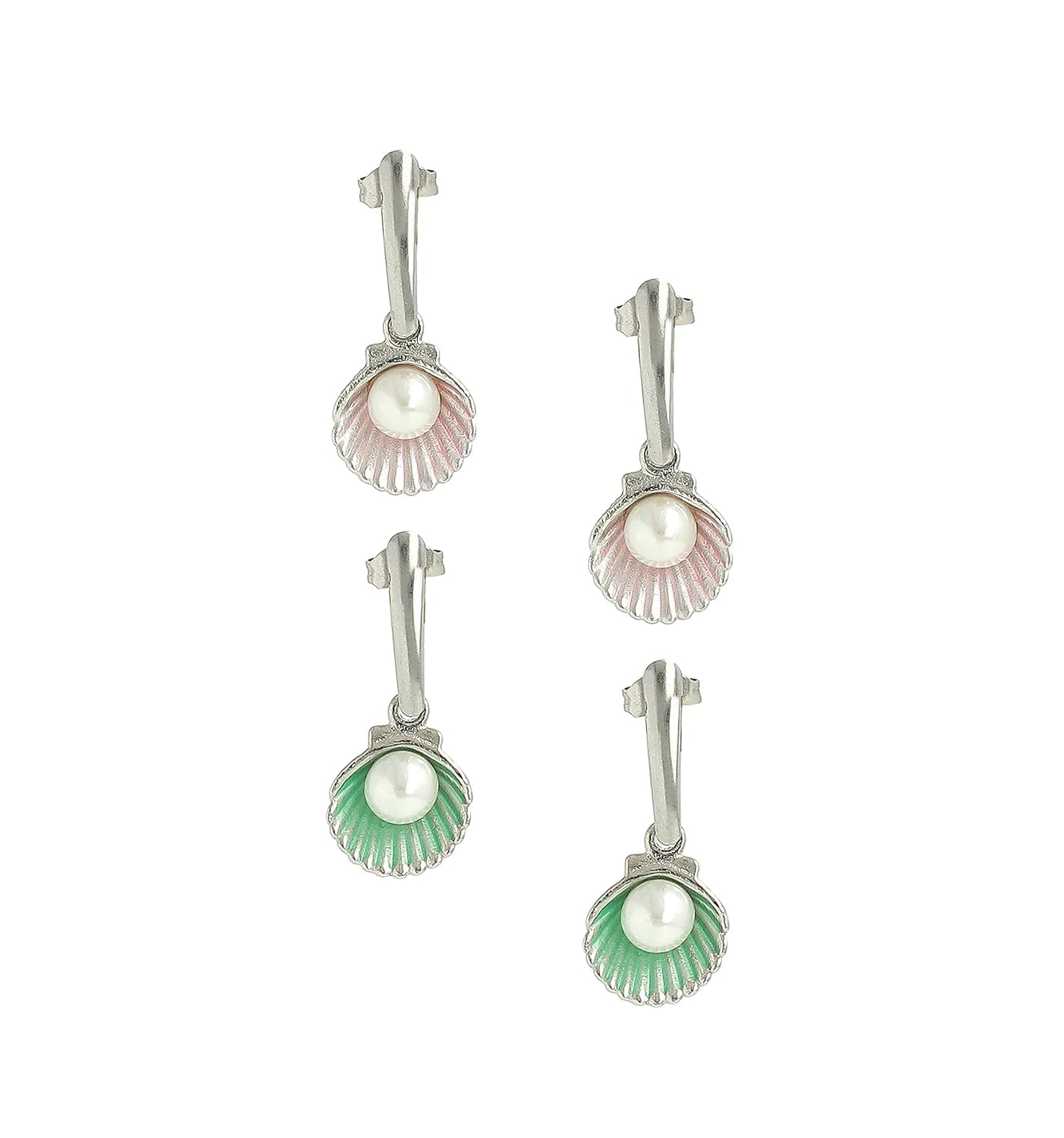 El Regalo 2 Pairs Cute Shiny Enamel Shell Pearls Dangle Stud Earrings- Hypoallergenic Metallic Shell Pearls Fashion Earrings for Girls & Women (Blue & Purple)