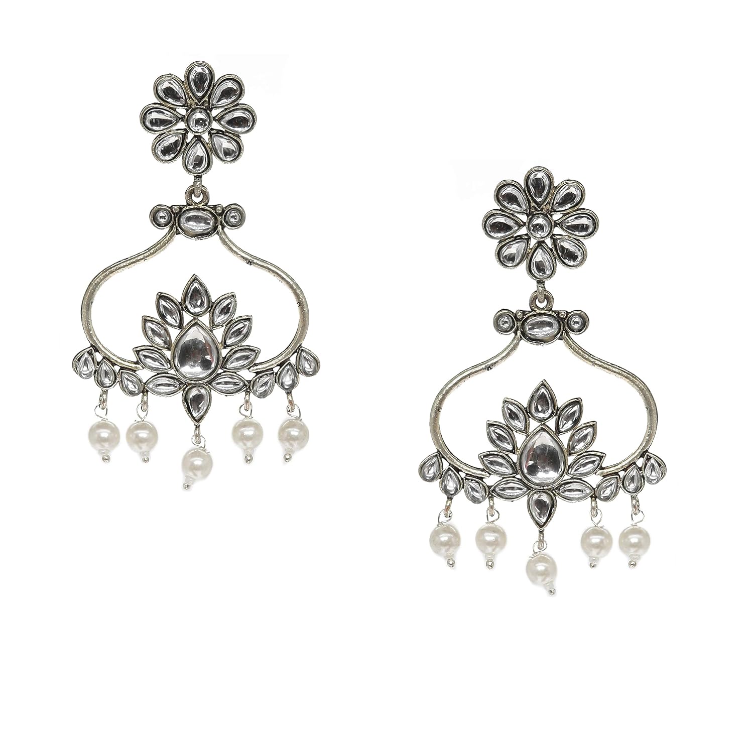 El Regalo Oxidized Silver Plated Kundan Earrings - Ethnic Kundan Wedding Pearl Earring for Girls & Women (White)