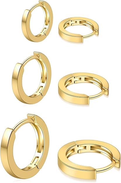 El Regalo 18K Gold Plated Anti-Tarnish Stainless Steel Huggie Hoop Earrings Combo - Set of 3 Pairs | Waterproof Minimalist Baali for Women & Girls | Cartilage & Second Piercing Jewelry