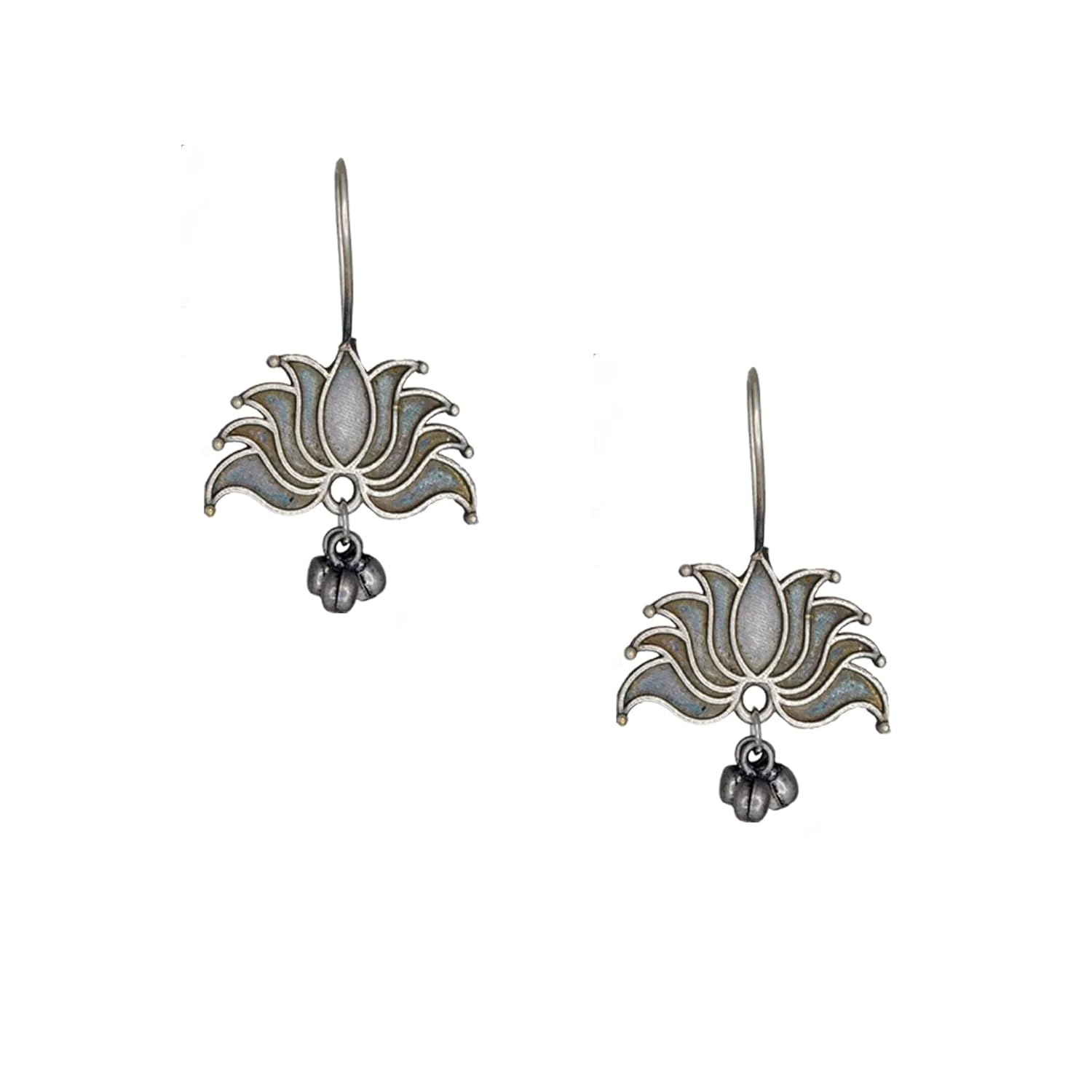 El Regalo Vintage Lotus Hook Earrings with Ghungroo for Girls & Women | Light Weight Silver Replica Brass Lotus Earrings in Oxidized Silver Finish