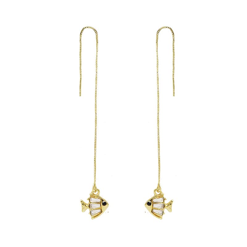 El Regalo Gold Plated Plated Minimalist Long Thin Tassel Elegant Threader Dangle Chain Earrings for Girls & Women (Fish Threader)