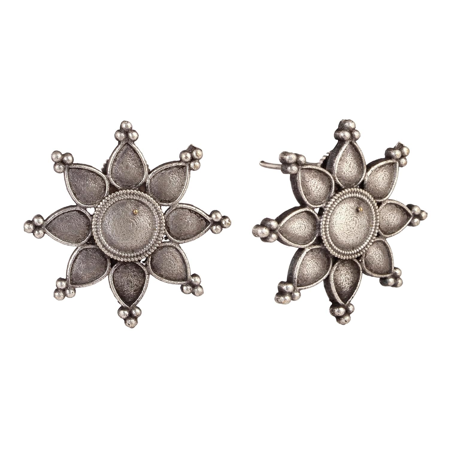 El Regalo Oxidized Flower Stud Earrings- Silver Lookalike Brass Floral Earrings for Girls & Women