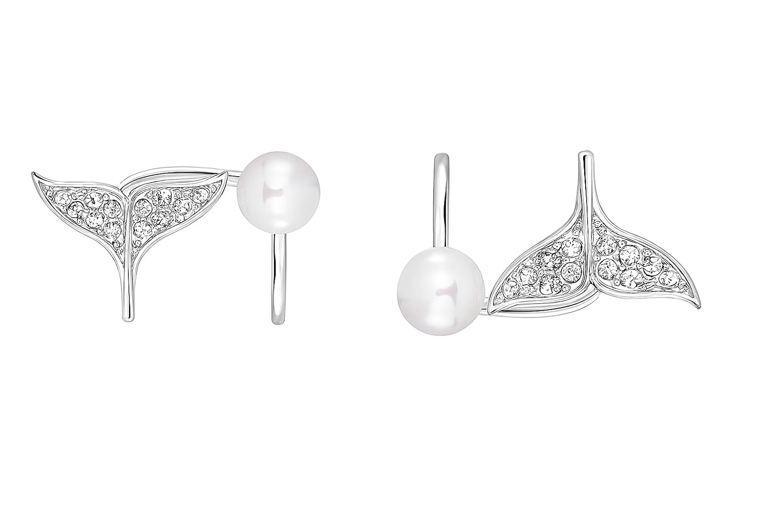 El Regalo 1 Pair CZ Mermaid Tail Ear Cuff Cartilage Clip on Earrings for Girls/ Women -14K Gold Cubic Zirconia Fishtail Pearl Non Piercing Ear Wrap Climer Crawler Dainty Earring Fashion Jewelry (Silver)