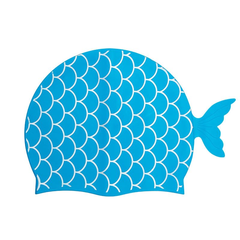 El Regalo 1PC Cute Mermaid Fish Tail Silicon Swimming Cap for Kids, Girls, Boys, and Teens (Blue)