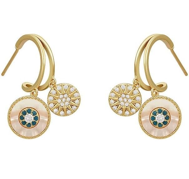 El Regalo Shell Zircon Dual Disk Golden Dangling Drop Stud Earrings for Women - Fashion Forward, Elegant, and Versatile Jewelry