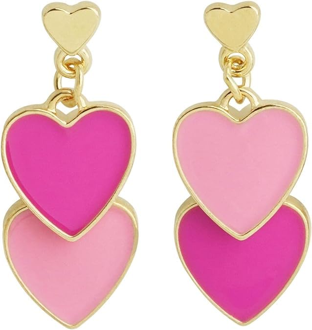 El Regalo 1 Pair Double Love Heart Drop Earrings- Valentine's Day Gift- Two Tone Oil Drop Heart Dangle Earrings for Girls & Women (Pink + Rose Pink)