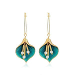 El Regalo Peacock Pearl Orchid Earrings- Enamel Glaze Orchid Leaf Pearl Hook Earrings for Girls & Women