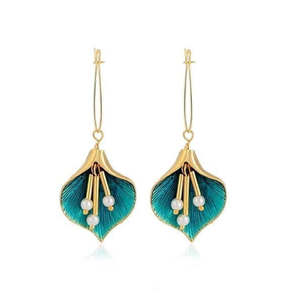 El Regalo Peacock Pearl Orchid Earrings- Enamel Glaze Orchid Leaf Pearl Hook Earrings for Girls & Women