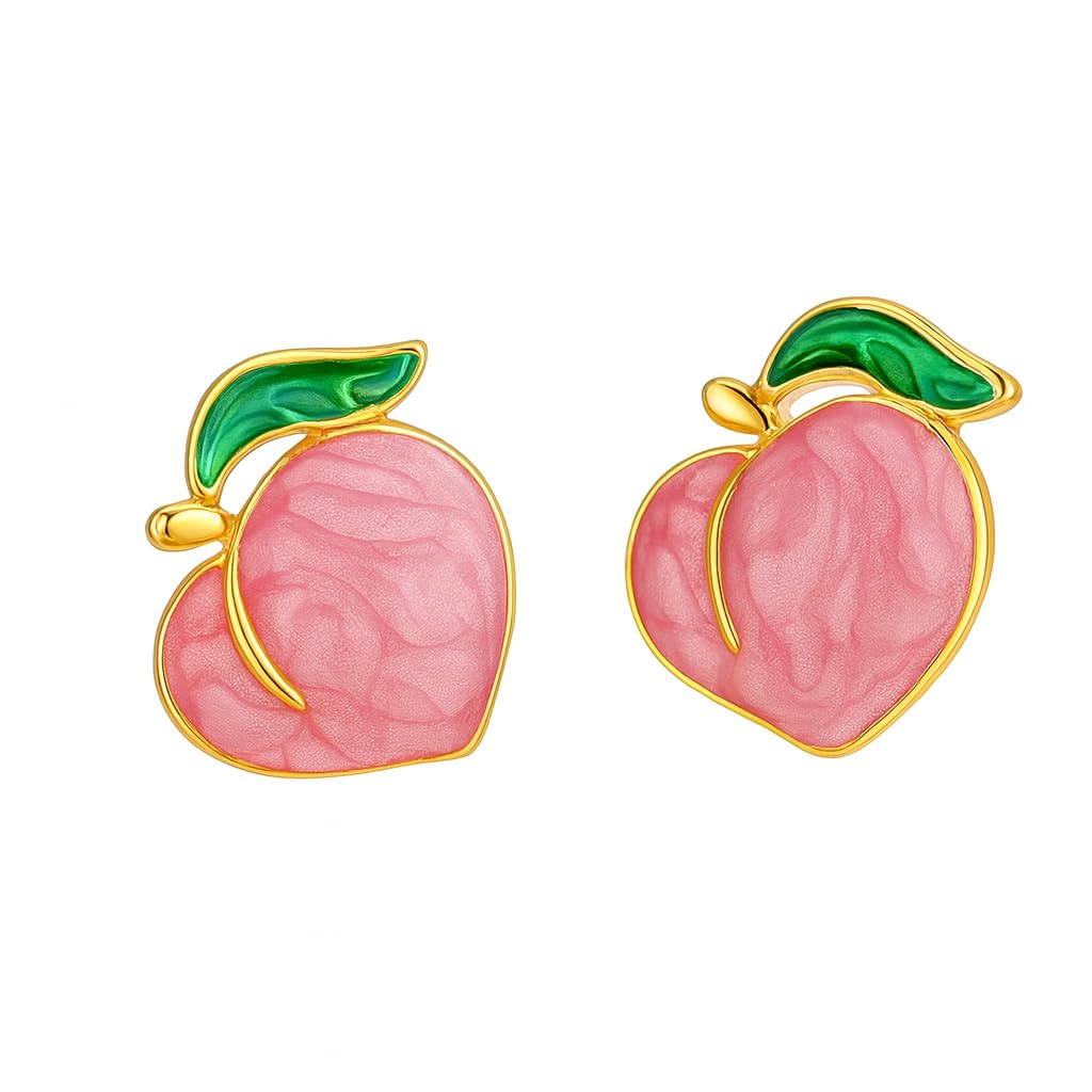 El Regalo Cute Gold Plated Stainless Steel Oil Drop Peach Stud Earrings for Girls & Women | Hypoallergenic Fruit Themed Fashion Earrings (Peach)