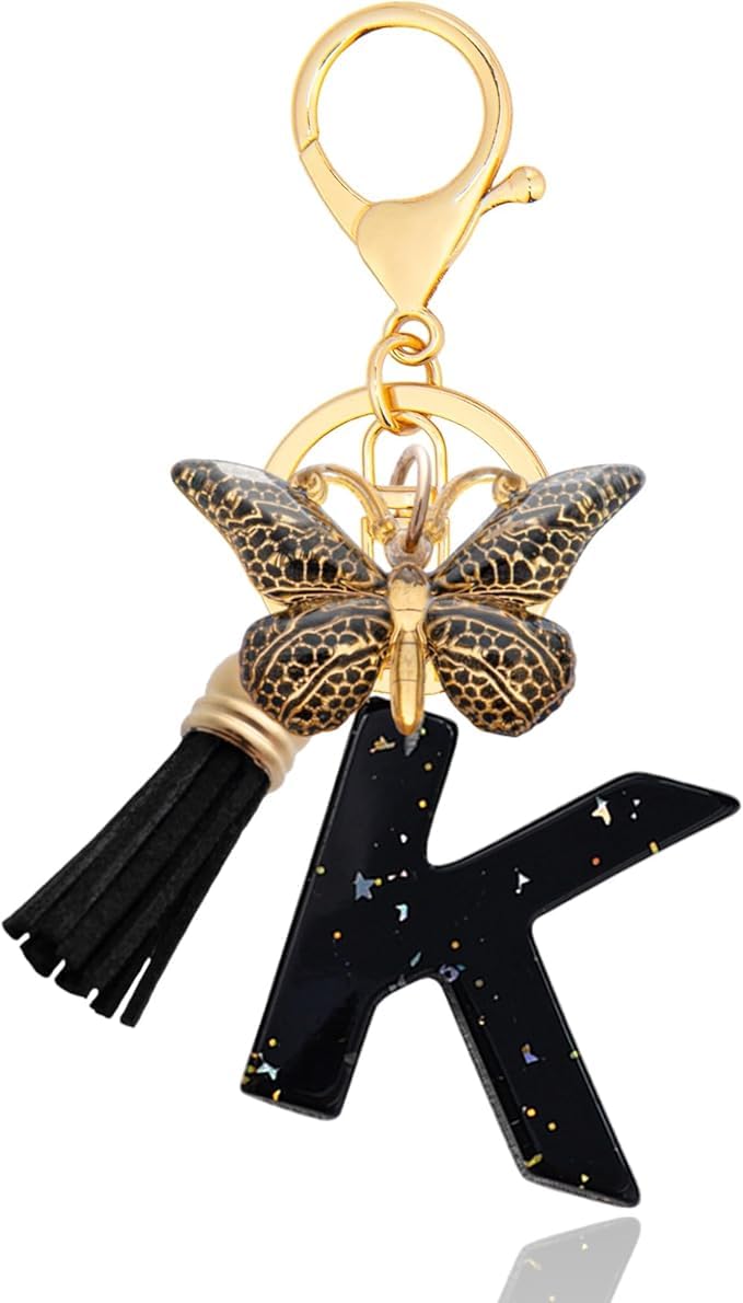 El Regalo Personalized Name Initials Butterfly Charm Keychain - Name Letter Keyring with Black & Golden Tassel & Butterfly Pendant, Purse, Bag, Backpack Accessory (K Letter)