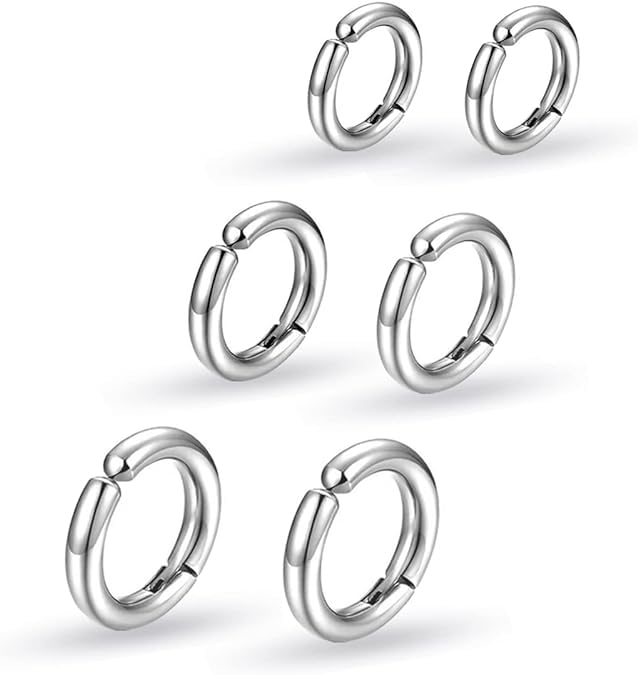 El Regalo 3 Pairs of Unisex Non-Piercing, Clip On Earrings for Girls/Boys/Men/Wome- Surgical Stainless Steel Hypoallergenic Huggie Fake Earrings (Silver)