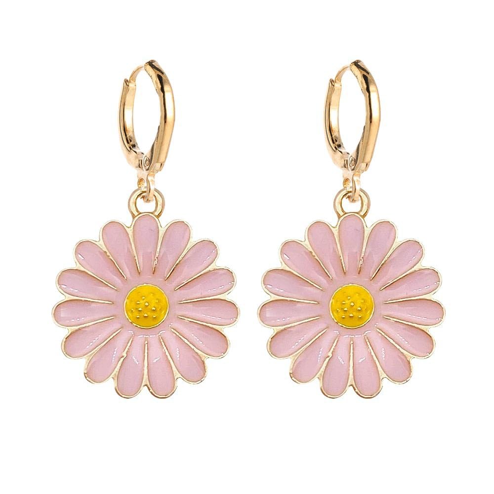 El Regalo 1 Pair Cute Daisy Flower Hook Earrings for Kids/Girls/Teens/Women- Hypoallergic Dainty Enamel Daisy Flowers Hook Earrings (Pink)