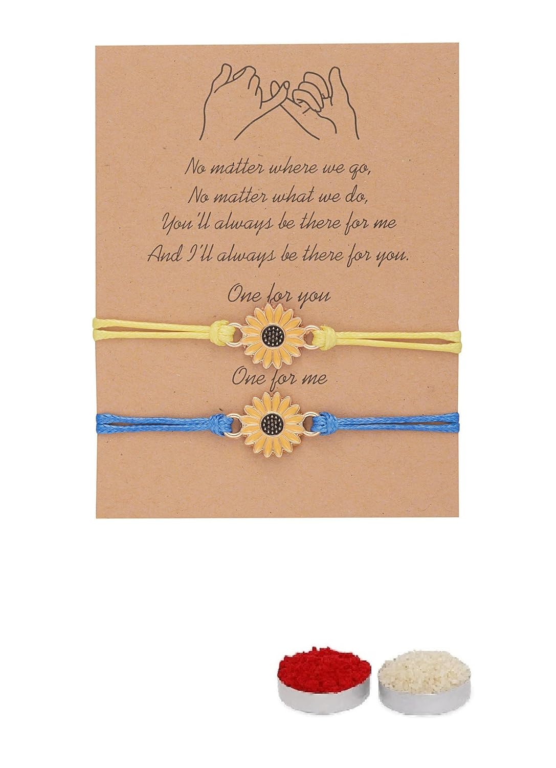 El Regalo 2PCs Minimalist Sunflower Rakhi Set for Bhai/Bhabhi/Niece/Nephew - Designer Pinky Promise Rakhi with Roli-Chawal Shagun Pack, Rakhi Message Card in Rakhi Gift Box (Yellow & Blue)