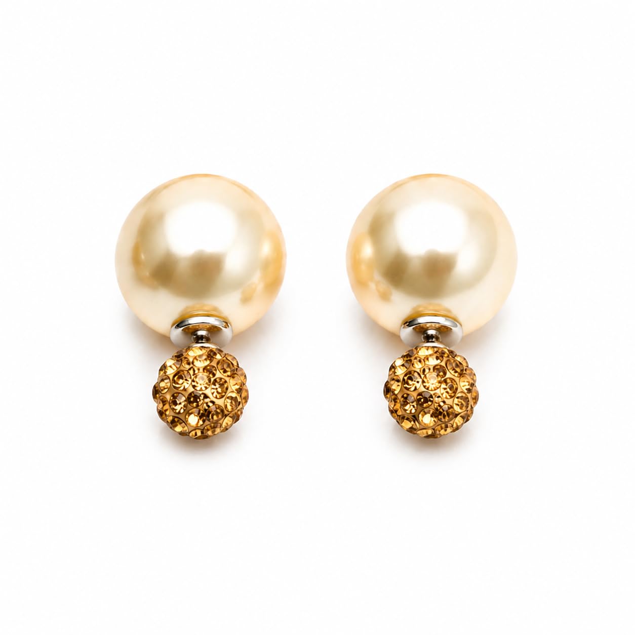 El Regalo's Double Sided 2 Ways Disco Ball Pearl Stud Earrings for Women | Reversible Front Back Ball Earrings | Crystal Rhinestone Back | Fashion Jewelry for Girls (Champagne Gold Pearl)