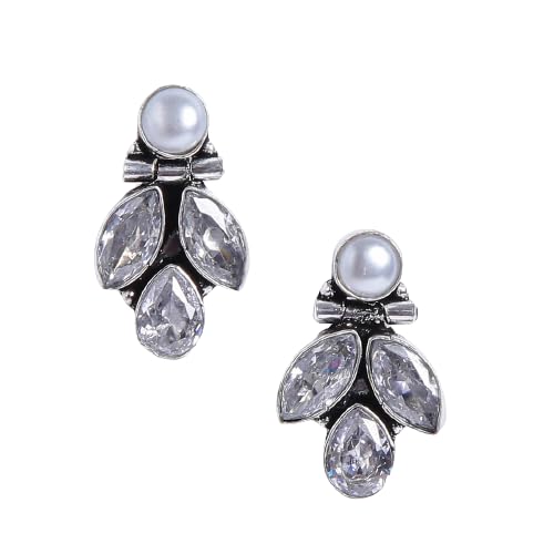 El Regalo Pearl Earrings, 925 Silver Plated Vintage Stones Pearls Stud Earrings for Women & Girls- Silver Lookalike Pearls Earrings (White)